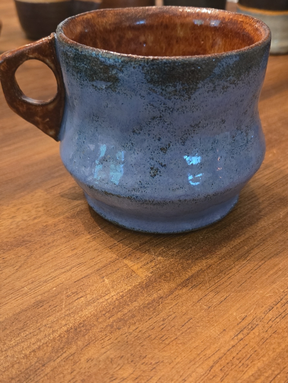 Marked- Artist Unknown- Handcrafted Blue Ceramic Mug with Brown Interior